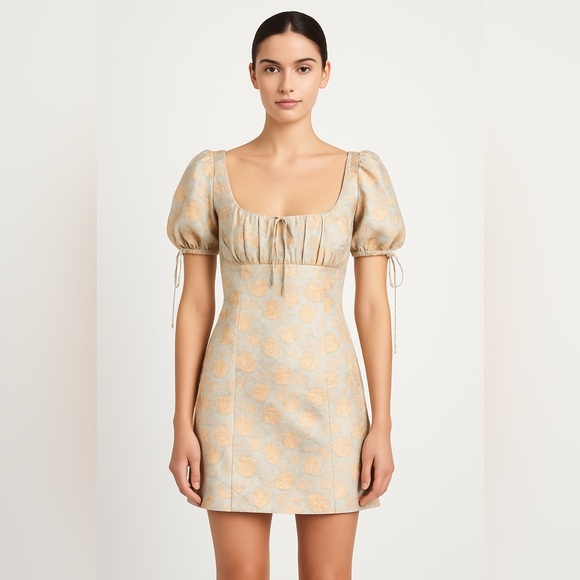 Majorelle Baby Blue Puff Sleeve Mini Dress with Peach Floral Print. Size Small - Picture 1 of 10